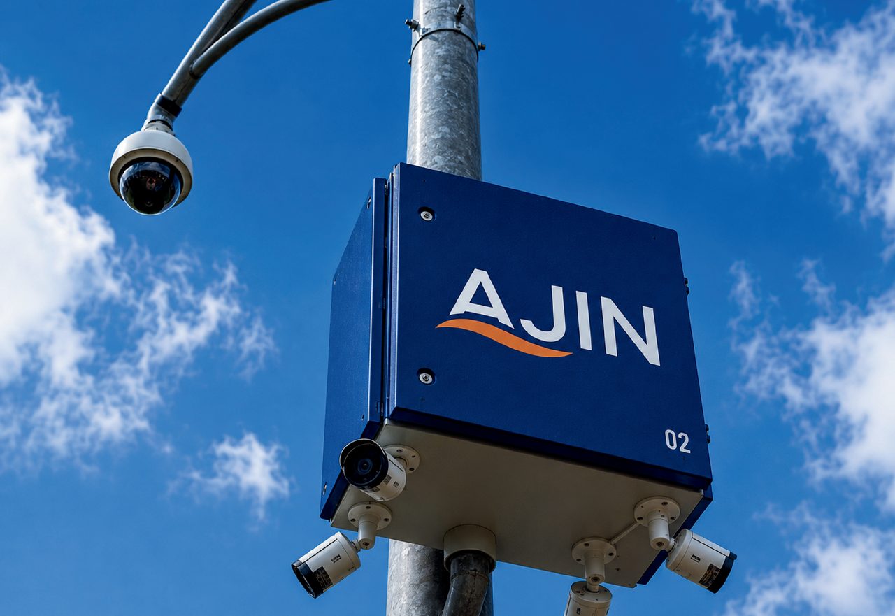 Câmera de monitoramento com a placa da AJIN contra o céu azul
